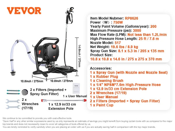 A black high-efficiency airless paint sprayer with accessories and a spray gun shown in a studio setting.