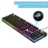 A black wired low-profile gaming keyboard with RGB lighting is shown, featuring a numeric keypad and a switch to turn the lig