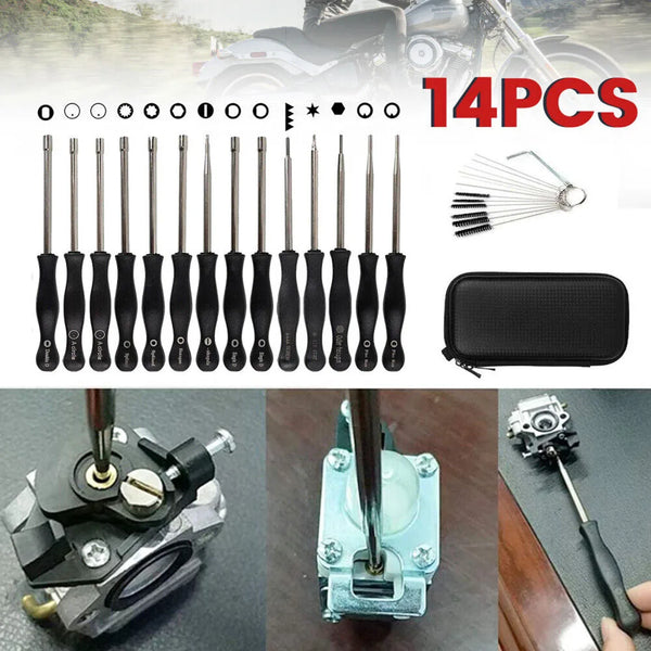 A set of 14 metal tools for carburetor adjustment, including various needles and a storage case.
