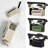 Three versions of a stroller storage organizer bag in beige, olive green, and black with hanging straps.