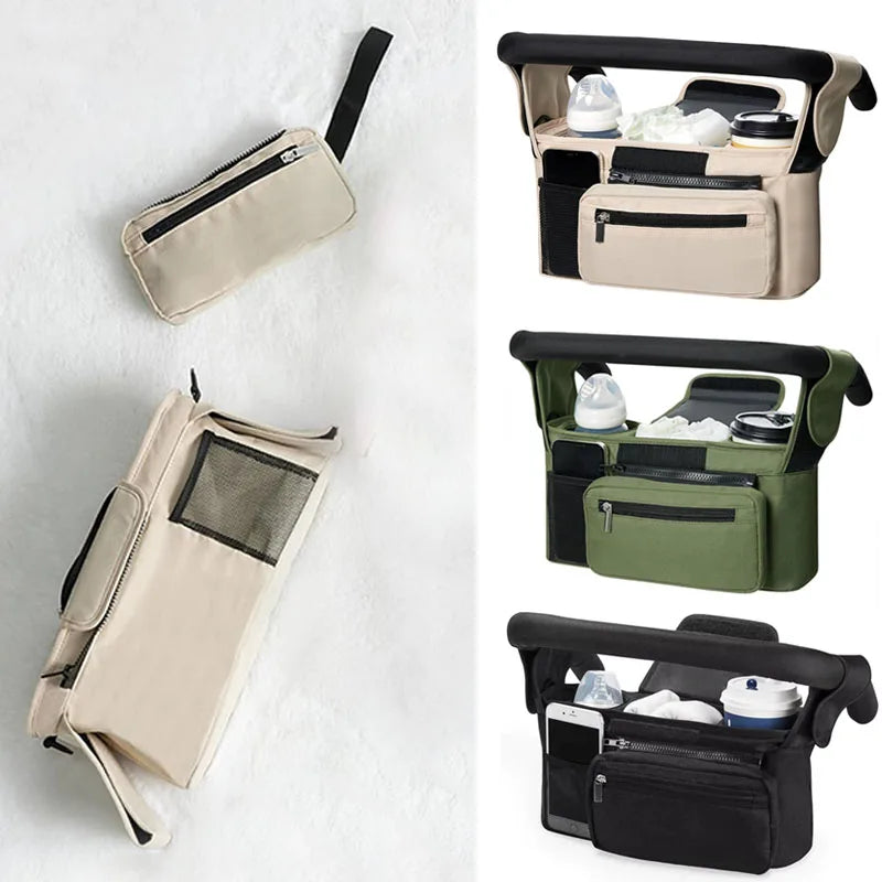 Three versions of a stroller storage organizer bag in beige, olive green, and black with hanging straps.