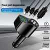 A black car charger with a digital display is shown, demonstrating four-port expansion and various fast charging options.