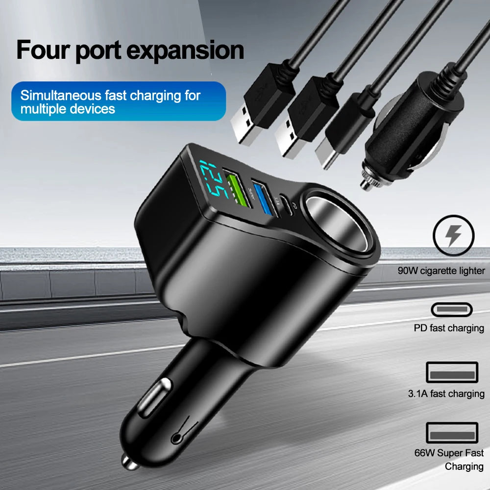 A black car charger with a digital display is shown, demonstrating four-port expansion and various fast charging options.