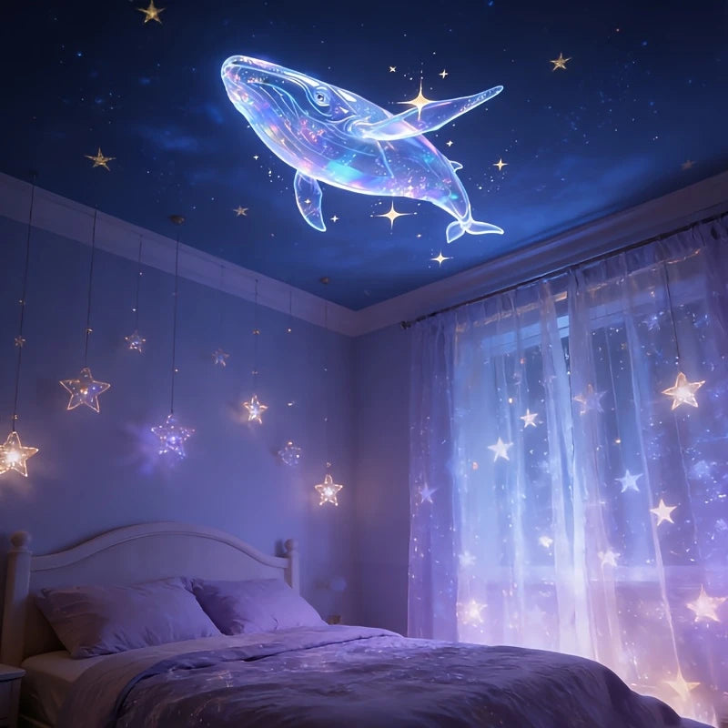A bedroom scene featuring a ceiling projector displaying an illuminated whale, butterfly, and star pattern onto a window.