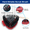 A red hard bristle scrub brush with multiple bristles shown in detail and in use.