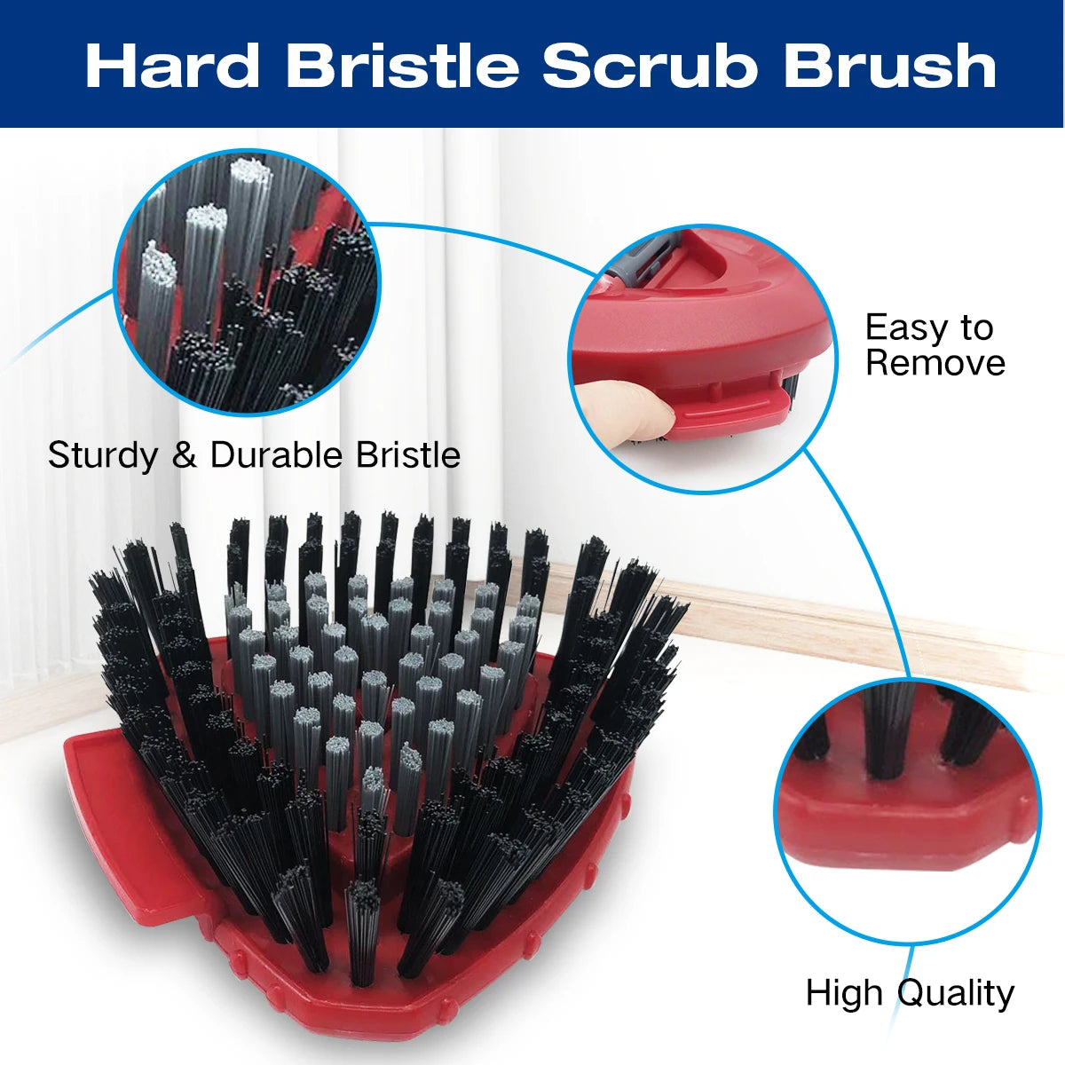A red hard bristle scrub brush with multiple bristles shown in detail and in use.