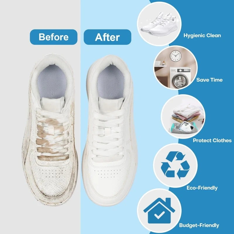 Before and after comparison of a shoe washing machine bag with a soft bristle cleaning brush set