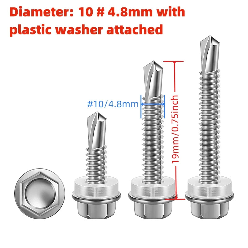 Stainless steel self-drilling screws with plastic washers, showing various sizes and dimensions.