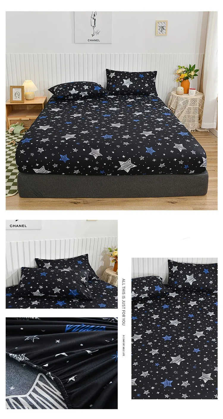 Black fitted bed sheet with a star pattern and an all-around elastic band