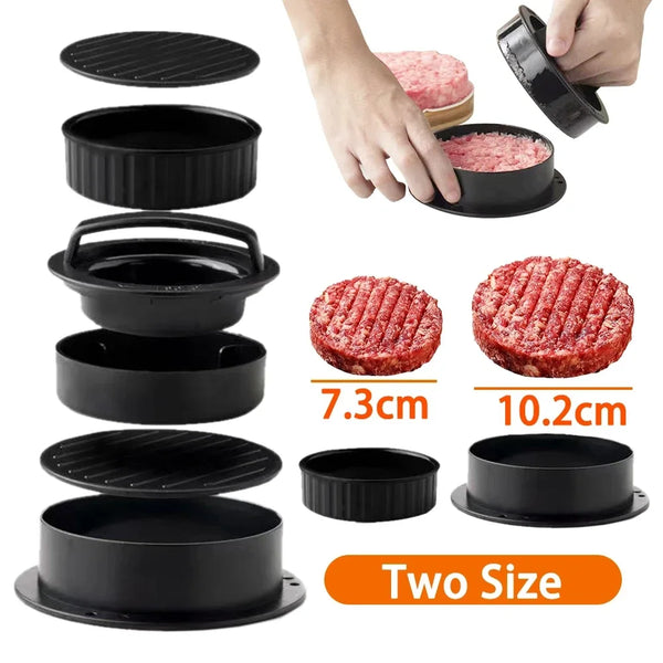 A set of black hamburger press and patty maker tools, including various sized plates and a hand pressing a meat patty.