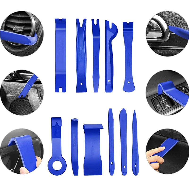 A set of 38 car trim removal tools in blue and black, including various plastic and metal tools for automotive interior work.