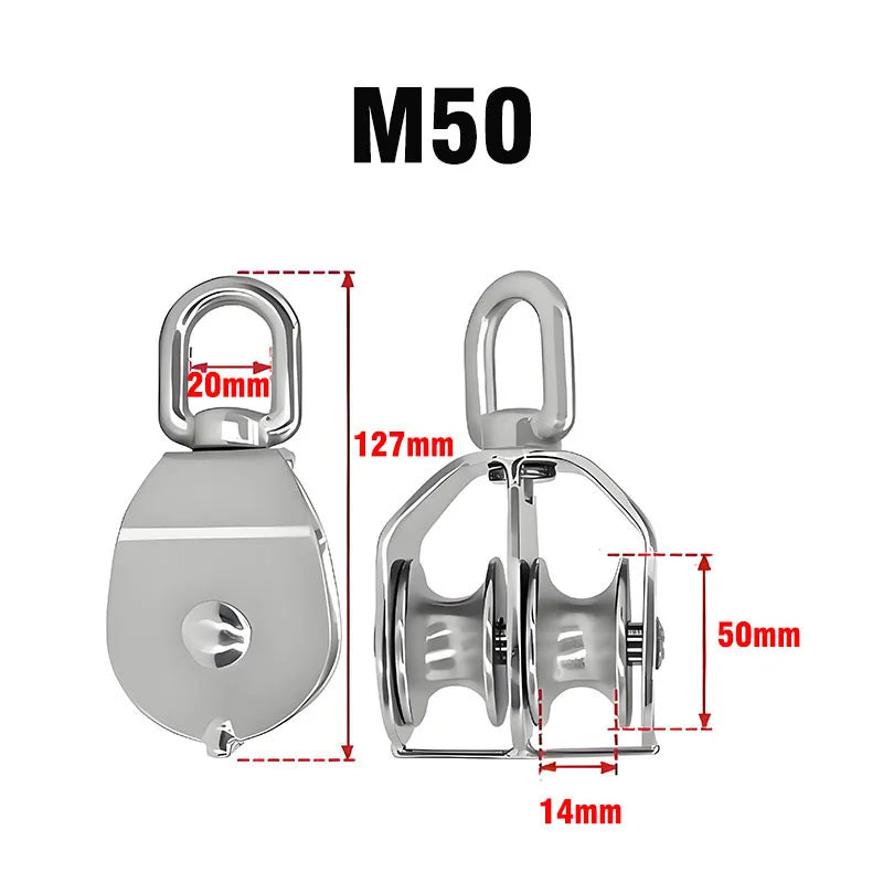 M50 heavy duty swivel double pulley block made of 304 stainless steel with various dimensions shown.