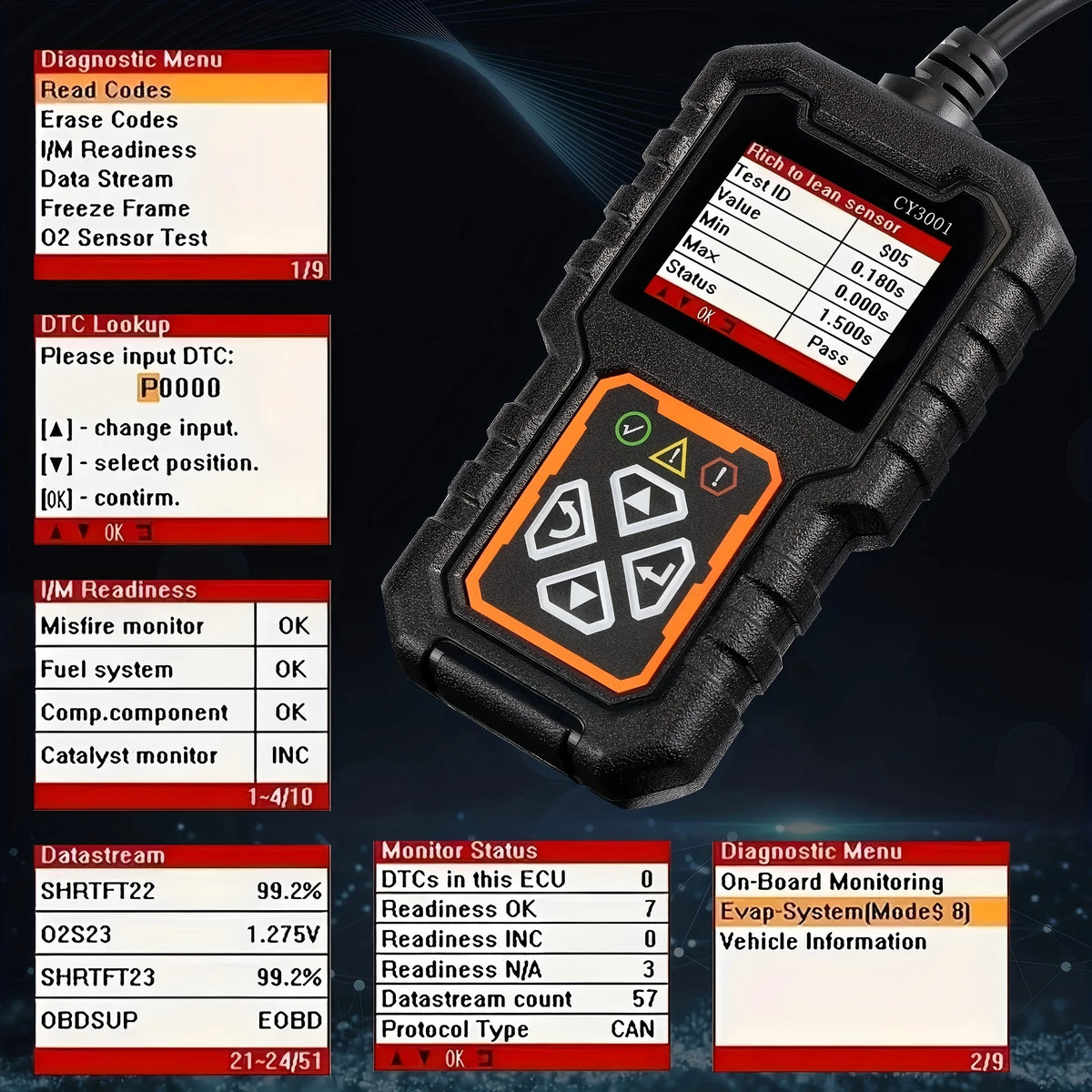An OBD2 diagnostic scanner tool displaying various test results and menu options on a dark background.