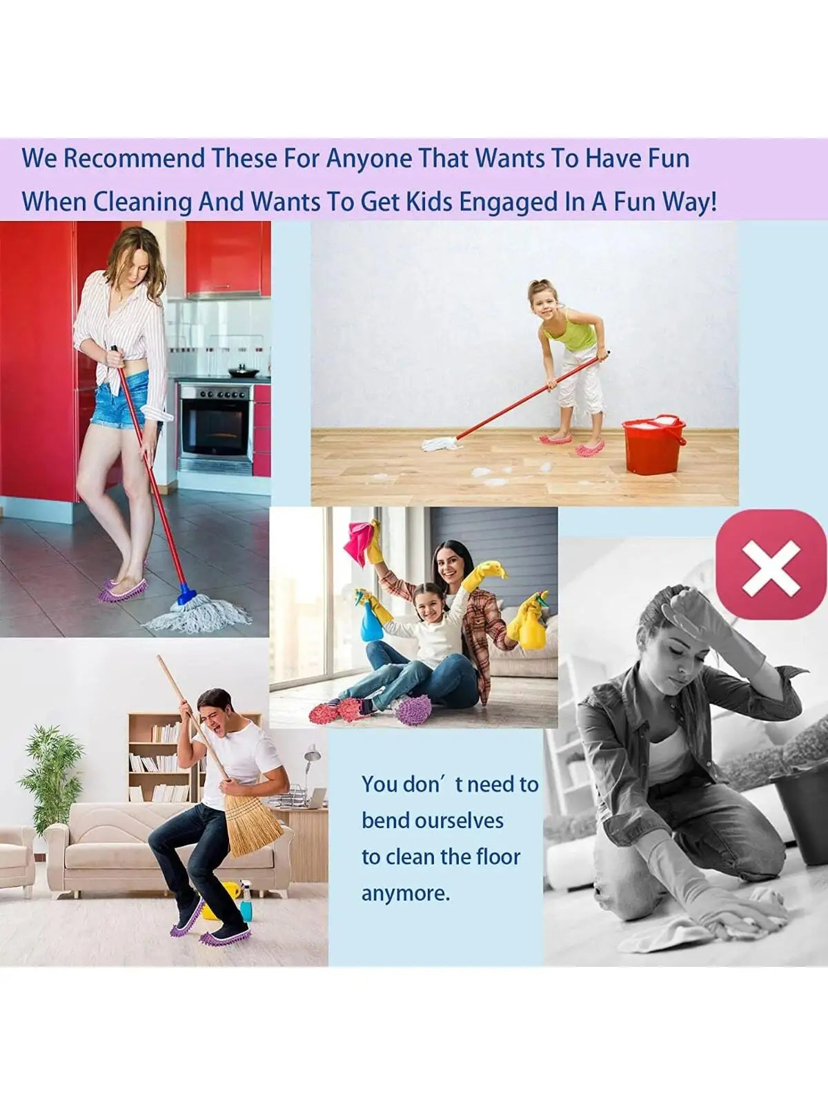 A woman is shown using a long-handled mop and a cleaning cloth on a wooden floor.