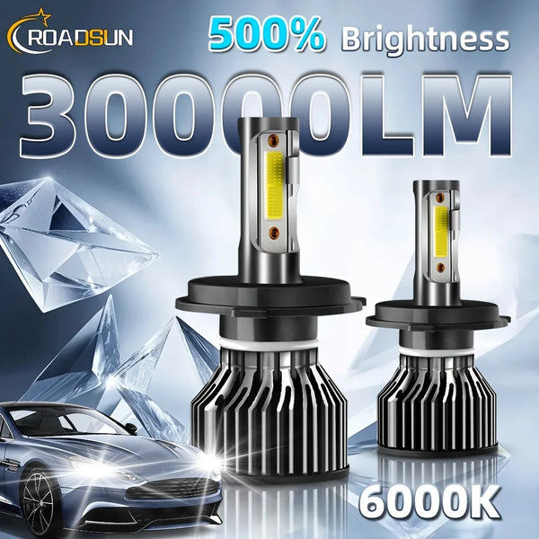 Pair of 3000LM 6500K LED headlight bulbs with silent fan for universal fit