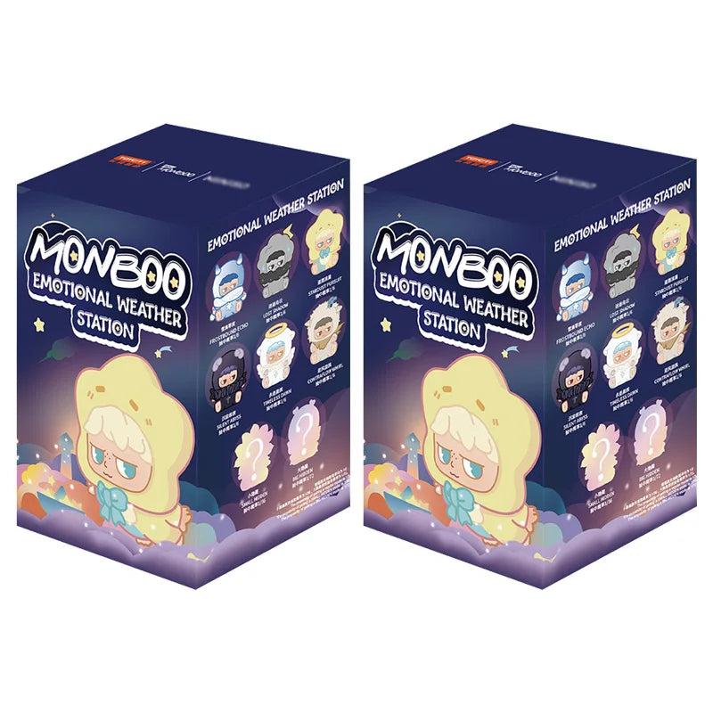 A box of MONBOO Emotional Weather Station collectible blind boxes featuring various emotional weather stations.