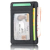 A black slim leather wallet with a clear plastic ID card and a yellow pen inside.