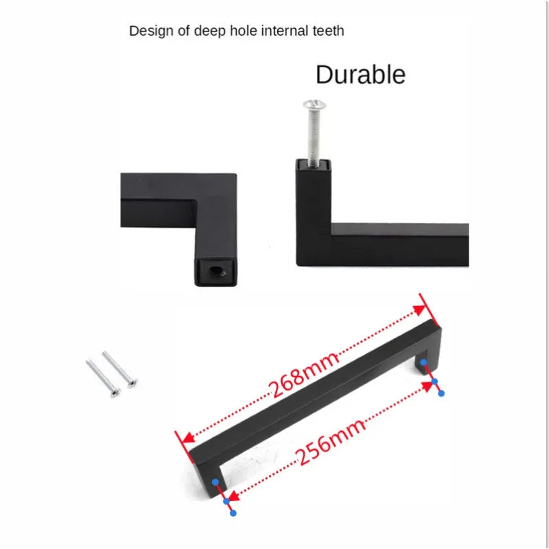 Matte black stainless steel cabinet pulls featuring a design for deep hole internal teeth.