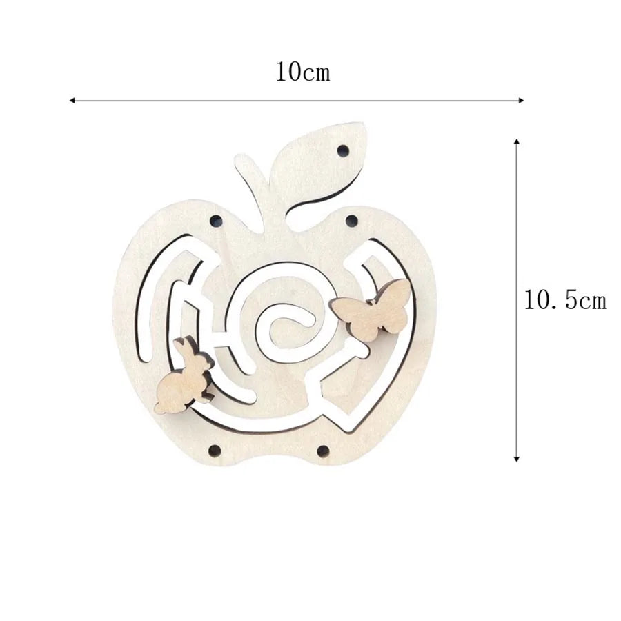 Wooden apple shape Montessori busy board with cut-out designs and butterfly details