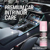 A bottle of premium car interior polishing cleaner is shown in a car dashboard setting.