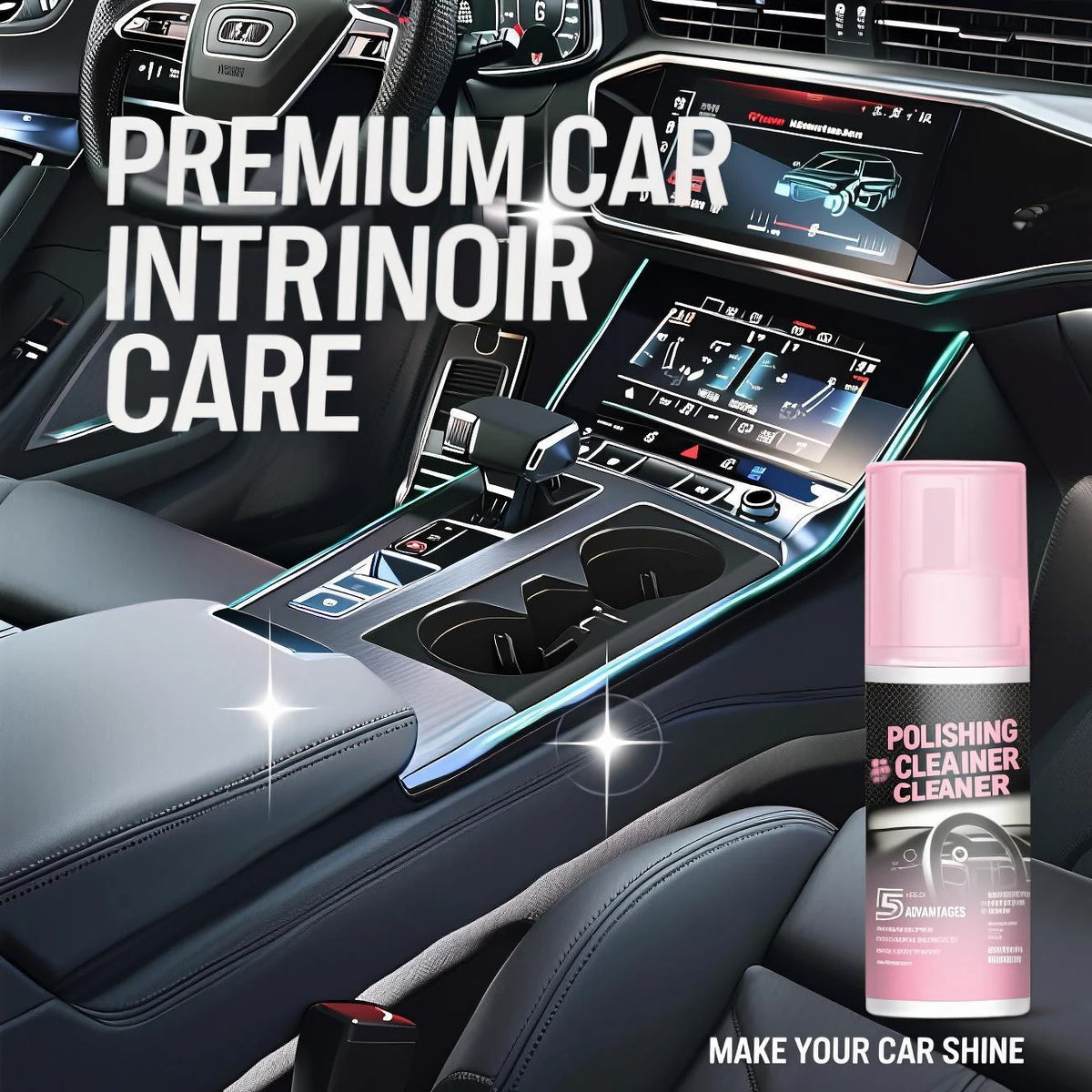 A bottle of premium car interior polishing cleaner is shown in a car dashboard setting.