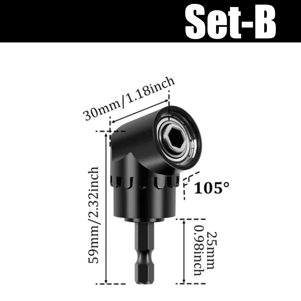 Set-B flexible drill bit extension kit with a right angle adapter shown with dimensions.