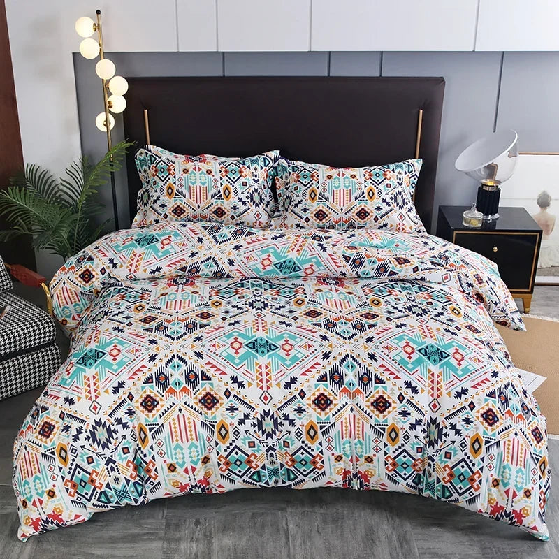 A patterned duvet cover set featuring bohemian striped geometric designs in white, blue, and orange tones.