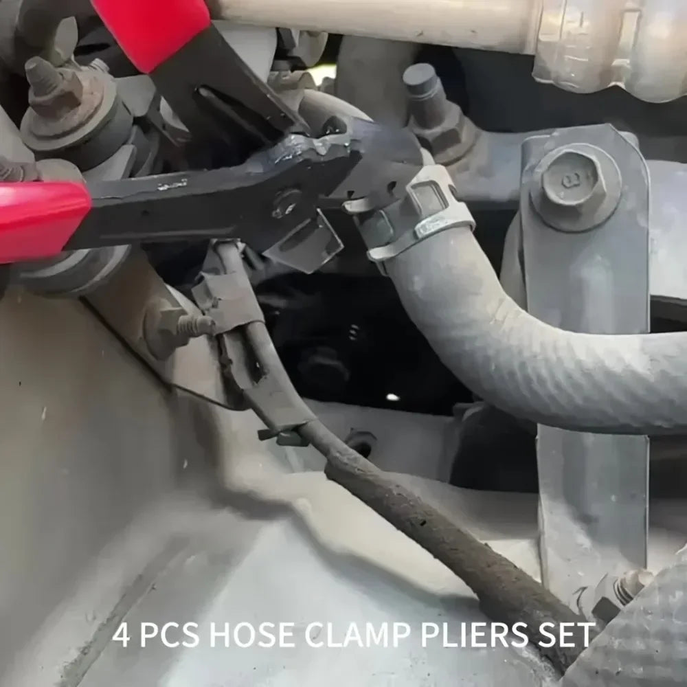 A set of four professional hose clamp pliers used for disconnecting fuel lines.