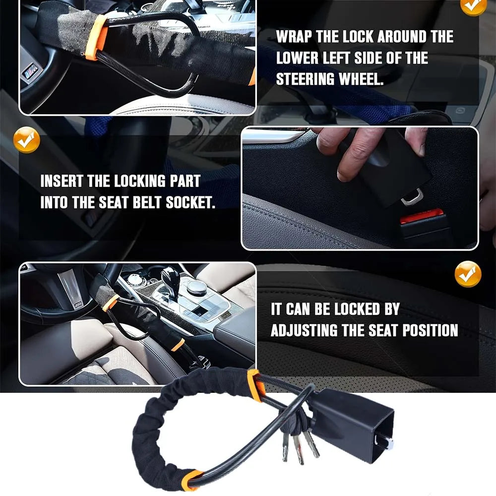 Heavy-Duty Steering Wheel Lock with Seat Belt Anchor