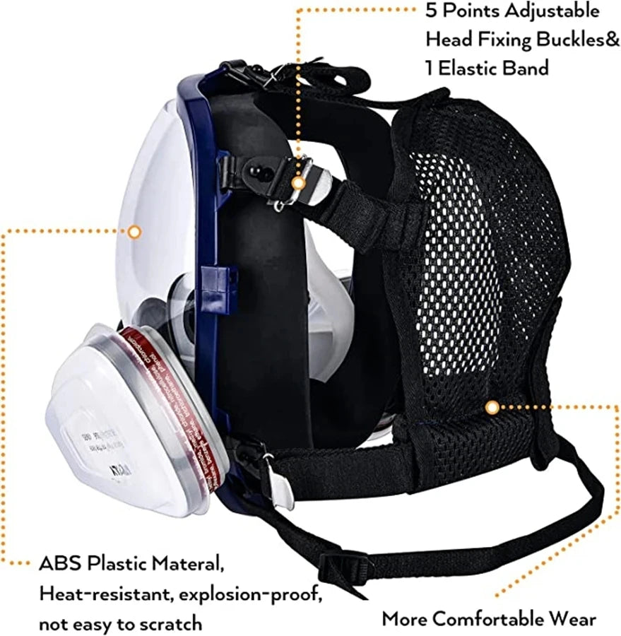 Black full face respirator mask with anti-fog visor and adjustable head fixing buckles