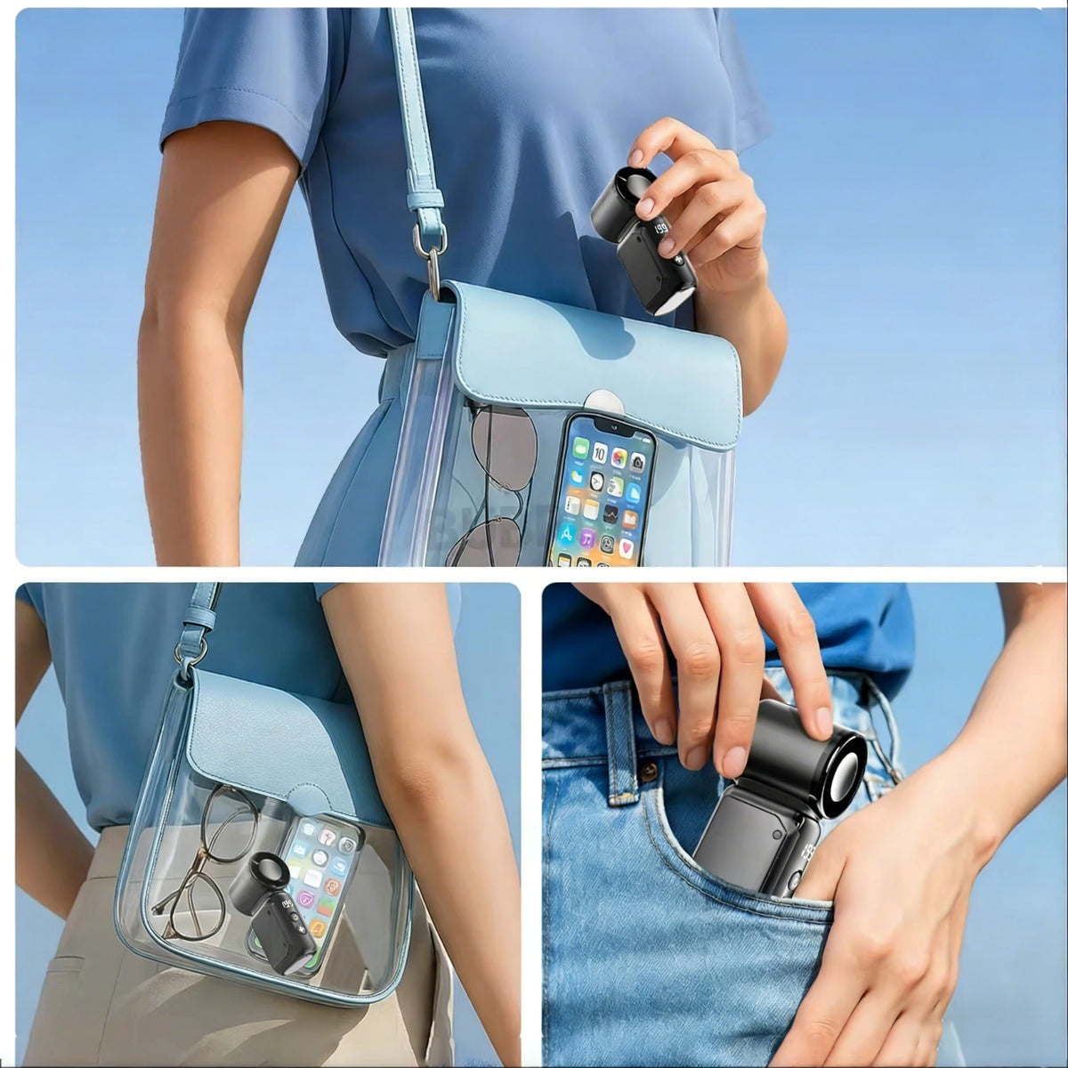 A person holds a portable bladeless mini fan in their hand and places it in a pocket.
