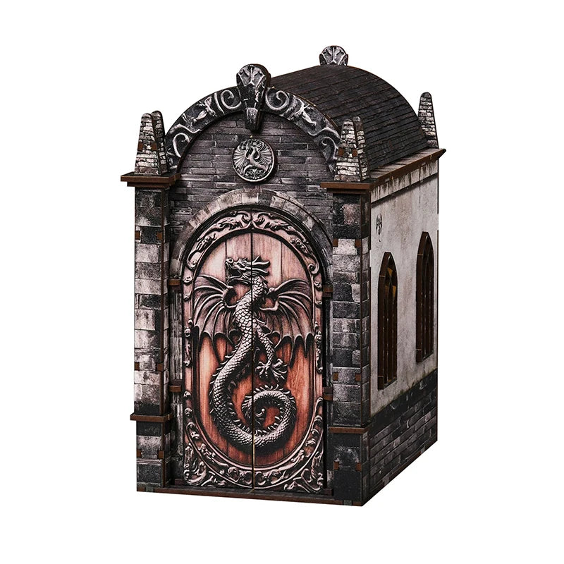 A decorative wooden book nook kit featuring a dragon motif and labyrinth design.