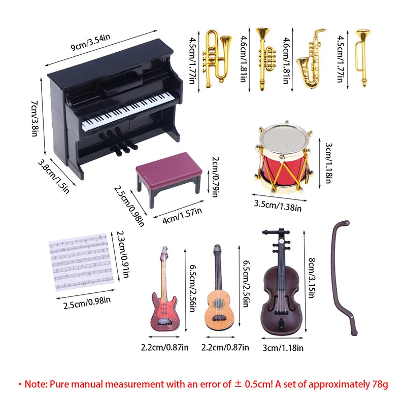 A set of miniature musical instruments including a piano, various brass instruments, a drum, and a violin.