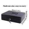 Black lockable cash box with a handle and coin tray, shown from the top view.