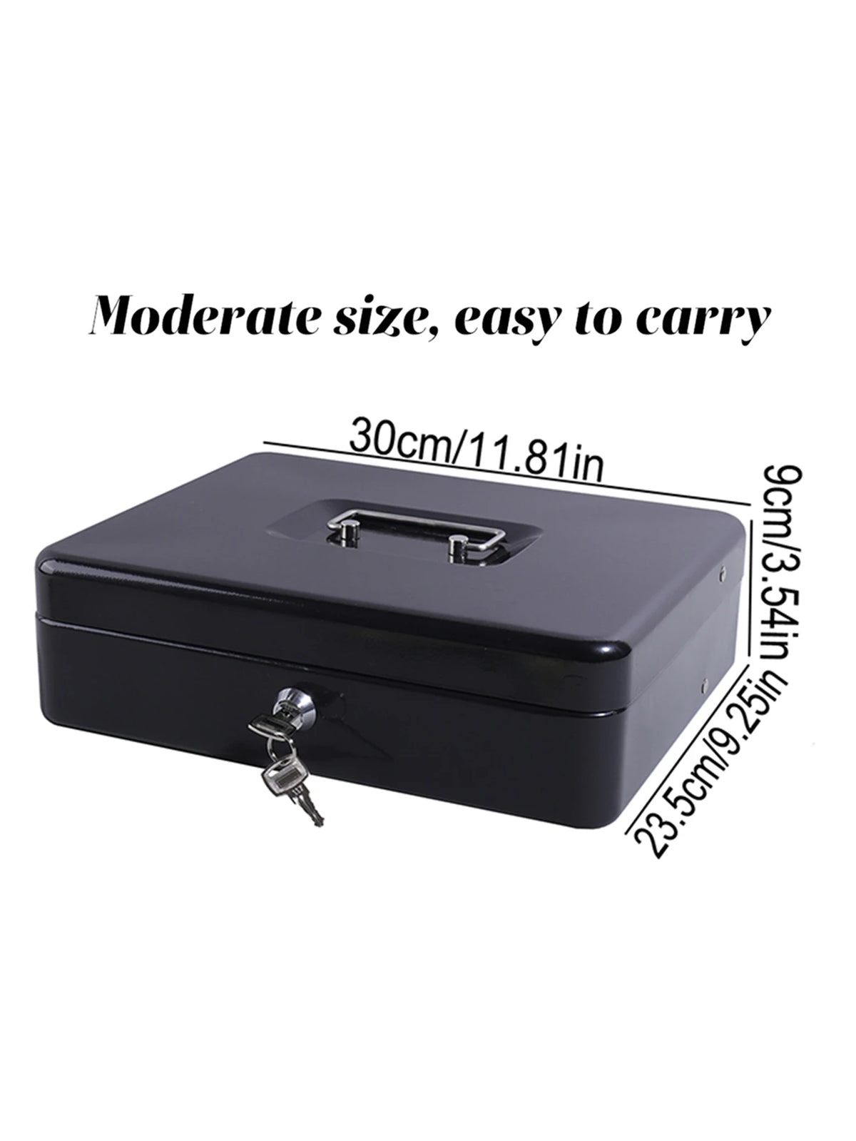 Black lockable cash box with a handle and coin tray, shown from the top view.