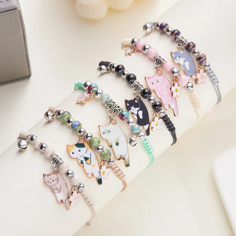 Enamel Cat & Flower Charm Bracelet