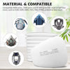 A white replacement dust filter pad for a respirator mask shown next to various compatible masks and filters.