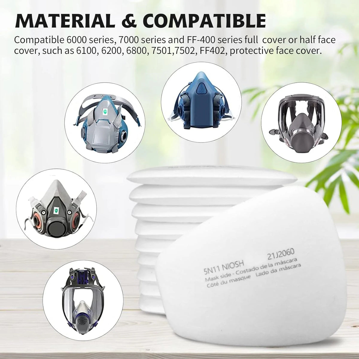 A white replacement dust filter pad for a respirator mask shown next to various compatible masks and filters.