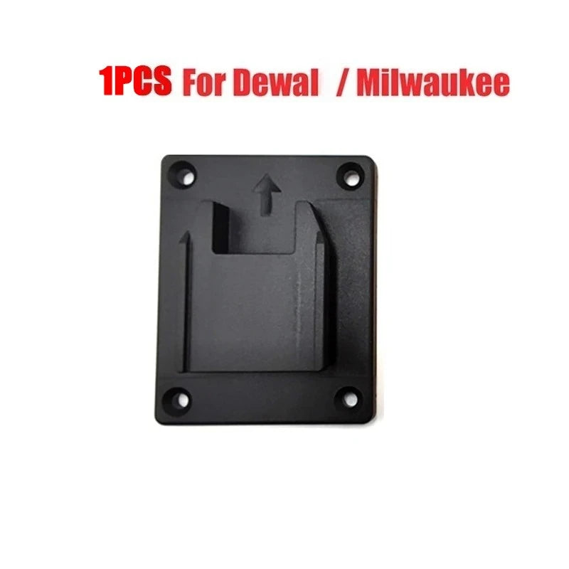 A single black wall-mount battery holder for Dewalt or Milwaukee 18V power tools.