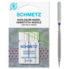 A white Schmetz Hohlsaum Hemstitch needle in a packaging card and a separate view of the needle.