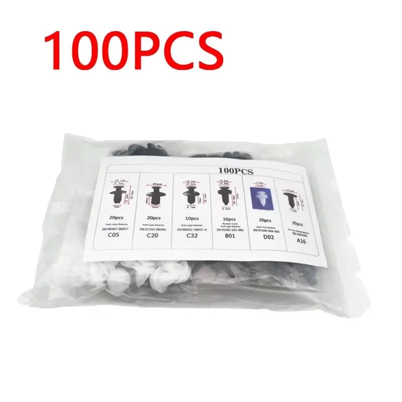 A clear plastic bag containing 100 pieces of auto trim panel retainer clips for body panel repair.