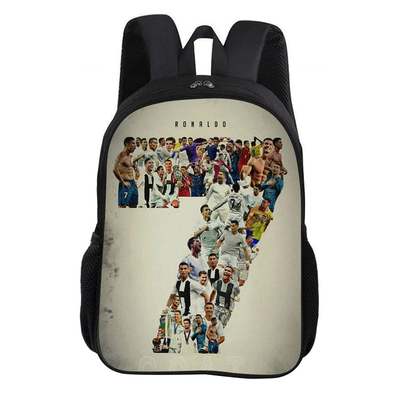 A black backpack featuring a collage of soccer stars and players on the front.