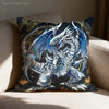 A decorative cushion cover featuring a detailed, stylized illustration of the Monster Hunter Rathalos and Nargacuga dragons.