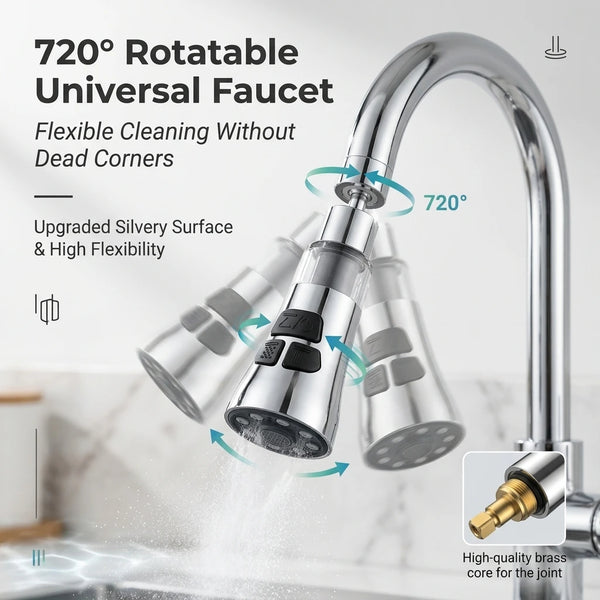 A close-up of a 720° rotatable universal faucet with a silver finish and brass core for the joint.
