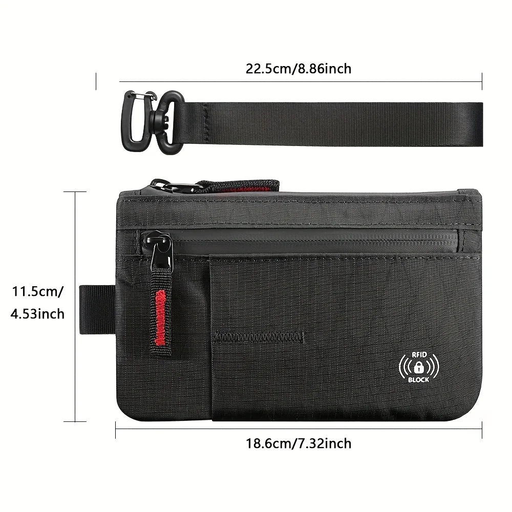 Portefeuille pochette noir fin avec bloc RFID et sangle, montré en diverses dimensions.