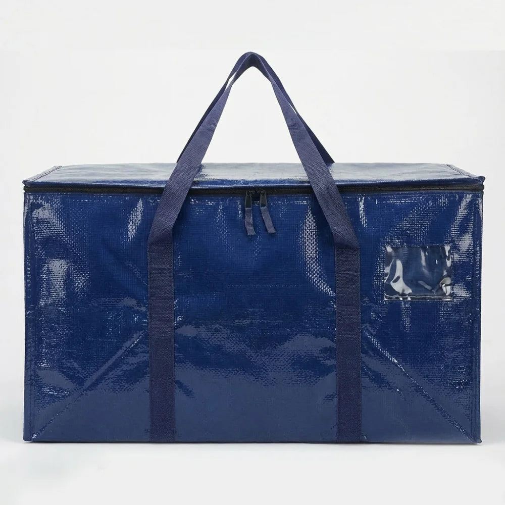A dark blue heavy duty waterproof moving bag with handles and zippers.