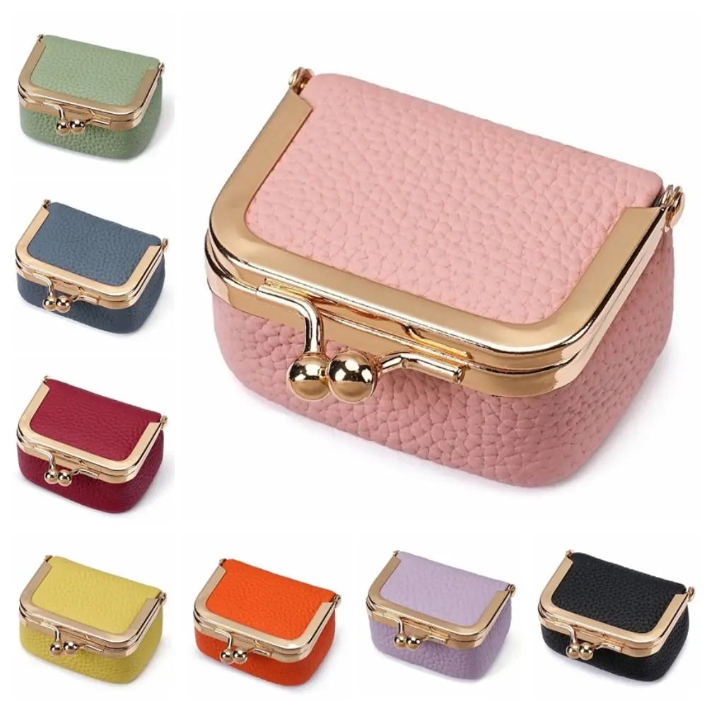 Genuine Leather Kiss Lock Coin Purse with Key Ring