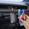A black universal car mount is shown with an orange arrow, positioned in a car interior next to a hand holding an iPhone.