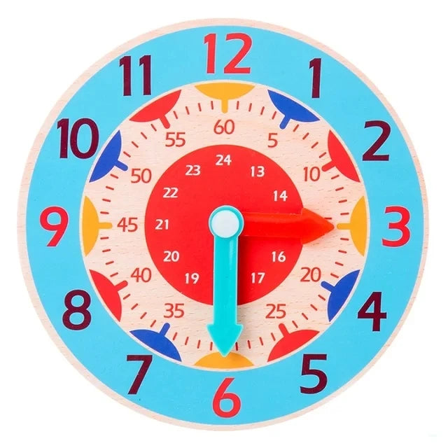A wooden clock face with numbers and colored markers, showing the time, used as a Montessori educational toy.