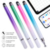A set of four colorful stylus pens with rubber ends shown next to a tablet and smartphone screen